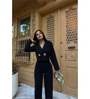 kadın gri tüvit kumaş gol düğmeli crop ceket pantolon ikili takım NBSTR1028