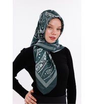 Yeşil Vintage Desenli Desenli Şifon Saten Eşarp - 100x100 cm