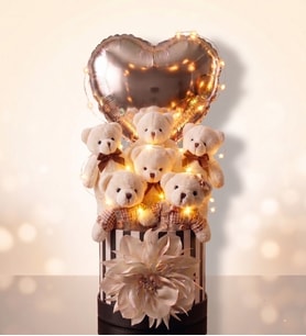 LED Işıklı Özel Tasarım Kutuda Beyaz Peluş Ayıcık Buketi, Gift Box - Gümüş Dev Kalp Balonlu Sürpriz Doğum Günü, Kutlama & Tebrik Hediyesi