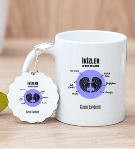 Kişiye Özel İkizler Burcuna Hediye Beyaz Kupa Bardak ve Anahtarlık