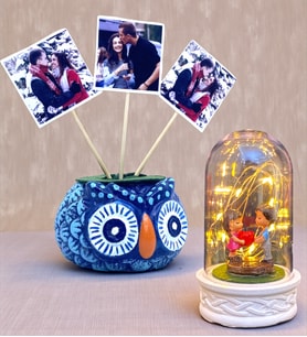 Kişiye Özel Hediye Seti 3 Fotoğraflı Mavi Baykuş Saksı ve Led Işıklı Fanus Seti (Model 8)