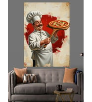 Elinde Pizza Tutan Neşeli Şef Dekoratif Kanvas - Mdf Ahşap Tablo