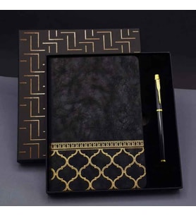 Gold Desenli Siyah Deri Defter ve Kişiye Özel Kalem Seti