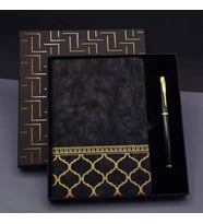 Gold Desenli Siyah Deri Defter ve Kişiye Özel Kalem Seti
