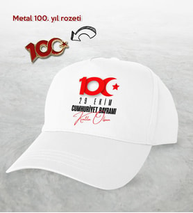 BK Gift 100. Yıl Hatırası Beyaz Şapka ve Gold Metal Rozet Hediye Seti-6, 29 Ekim Hediyesi, Cumhuriyet Bayramı, 100.Yıl Hediyesi