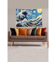 Mavi-Beyaz Katsushika Hokusai Serisi Leke Tutmaz Kadife Kumaş Duvar Örtüsü Duvar Halısı Tapestry (Mavi-Gri)