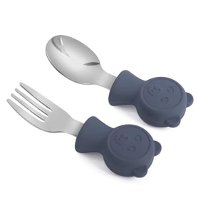 Valkyrie 304 Çelik Panda Bebek Kaşık Çatal SetiSilikon Saplı BPA İçermez Ergonomik Kaymaz Lacivert