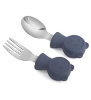 Valkyrie 304 Çelik Panda Bebek Kaşık Çatal SetiSilikon Saplı BPA İçermez Ergonomik Kaymaz Lacivert
