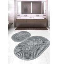 Dijital Baskılı Kaymaz Taban Yıkanabilir Oval 2'li Klozet Takımı Banyo Paspası NOKZ-SD-1132 (Gri)