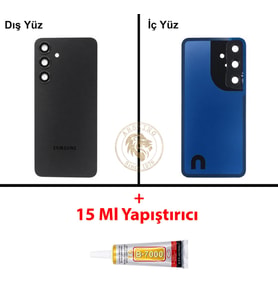 Samsung Galaxy S24 Siyah Renk Lensli Arka Kapak + B7000 Yapıştırıcı Arka Cam Batarya Kapağı Pil Kapağı Lazer Kesim Back Cover Galaxy S24 Uyumlu