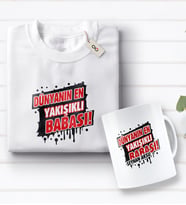 BK Gift Kişiye Özel Dünyanın En Yakışıklı Babası Tasarımlı Beyaz Tişört ve Kupa Seti-1 (Model 1)