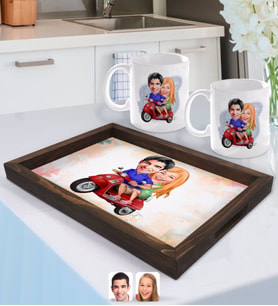 BK Gift Kişiye Özel Sevgililer Karikatürlü Doğal Ahşap Tepsi ve 2’li Kupa Bardak Seti-10
