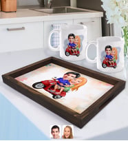 BK Gift Kişiye Özel Sevgililer Karikatürlü Doğal Ahşap Tepsi ve 2’li Kupa Bardak Seti-10