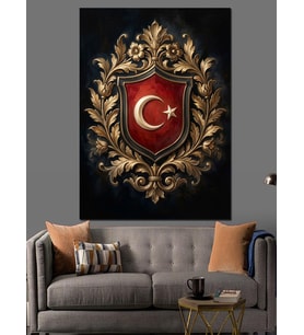 Altın İşlemeli Ay Yıldız Arması Dekoratif Kanvas - Mdf Ahşap Tablo