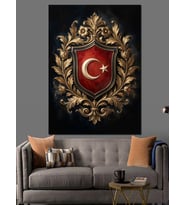Altın İşlemeli Ay Yıldız Arması Dekoratif Kanvas - Mdf Ahşap Tablo