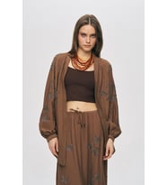Kadın Yaprak İşlemeli Oversize Kesim Dökümlü Kimono (Kahverengi)
