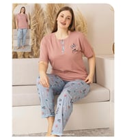 Sude Kadın Büyük Beden Düğme Yaka Penye Kısa Kol İnce Pijama Takımı P127 - 1 Adet (Pudra)