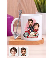 Çiftlere Özel İlginç Hediye Motorsiklet Temalı Karikatürlü Ahşap Altlıklı Beyaz Kupa Bardak