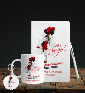 Sevgililer Gününe Özel Defter Kalem Kupa & Süblimasyon Anahtarlık Hediye Seti 19