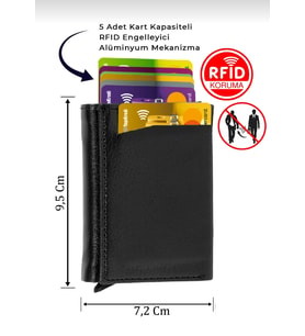 Siyah Unisex Vegan Deri Kartlık Mekanizmalı Otomatik Rfıd Korumalı Para Ve Kart Çantası