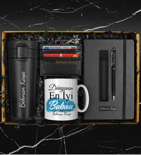 Babalar Gününe Kişiye Özel Tasarım 400 ML Çelik Termos & Kişiye Özel Defter & Deri Kılıflı Touch Pen Kalem & Kişiye Özel Kupa & Kişiye Özel Kartvizitlik Hediye Seti