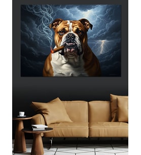 Puro İçen Bulldog Köpek Portresi Dekoratif Kanvas - Mdf Ahşap Tablo