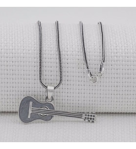 Gitar Tasarım Müzikol 925 Ayar Gümüş Erkek Kolye (Siyah)