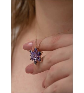 925 Ayar Gümüş Rose Mor Lotus Çiçeği Kolye