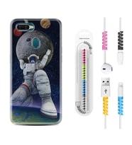Oppo A5S A15 A16 A54 A55 A73 A74 Kılıf Kablo Koruma Spiral Silikon Astronot ve Dünya 1759