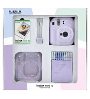 Instax mini 12 Lila Fotoğraf Makinesi 10'lu Film Simli Pleksi Kılıf Mandal ve Kıskaçlı Resim Standı Bundle Box