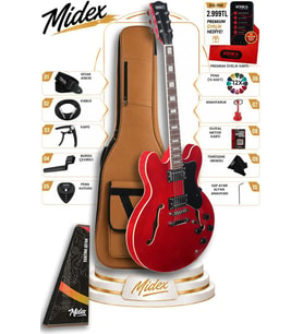 Midex Vintage Jazz-RD Profesyonel Hollowbody Caz Kasa HH Akustik Elektro Gitar Seti Kırmızı