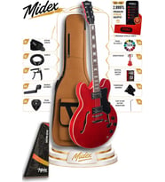 Midex Vintage Jazz-RD Profesyonel Hollowbody Caz Kasa HH Akustik Elektro Gitar Seti Kırmızı