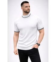 Erkek Fitilli Triko Dokuma Kısa Kol Tişört Yarım Boğaz Modern Yazlık T-Shirt - Beyaz