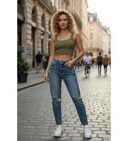 Giyim Kadın Haki Yeşili Kalın Askılı Crop Top Büstiyer Esnek Kumaş Şık Basic Kadın Üst Giyim