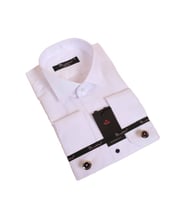 Beyaz Lacivert Taş Düğmeli Damatlık Ata Yaka Kol Düğmeli Slim Fit Smokin Gömlek - 008