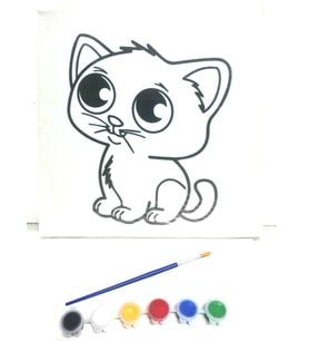 Resimli Tuval 10 X 10cm  MASUM KEDİ  6lı boya, fırça Boyama seti
