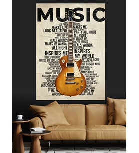 Müzik Yazılı Gitar Posteri Dekoratif Kanvas - Mdf Ahşap Tablo