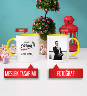 Edebiyat Öğretmenine Hediye Edebiyat Öğretmeni Kupa Bardak Sarı Fotoğraflı
