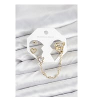 Mey İthalat® Pirinç Gold Renk Kalp Model Zincir Bağlantılı Ear Cuff Küpe Seti