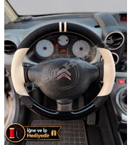 Citroen C4 Picasso Dikme Direksiyon Kılıfı Delikli Deri Parlak Siyah Bej Detay Çift Yüzük ve Dikiş 2010-2013