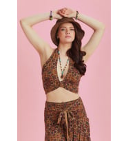 Boyundan Bağlamalı Desenli Crop Bluz (Mor)