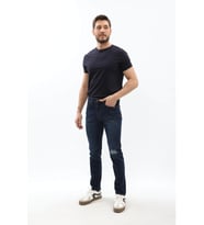 Erkek Dizi Yırtık Slim Fit Boya Detay Jean Pantolon (Lacivert)