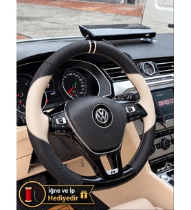 Vw Golf 7 Dikme Direksiyon Kılıfı Delikli Deri Parlak Siyah Bej Detay Çift Yüzük ve Dikiş 2012-2017