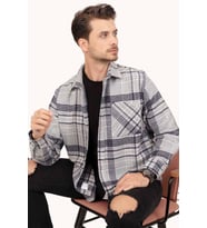 Gri Lacivert Çizgili Oversize Oduncu Hediye Kutulu Erkek Gömlek (Gri)