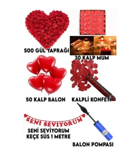 Evlilik Teklifi 500 Gül Yaprağı+ 30 Kalp Mum+ 50 Balon+ 1 Konfeti+ 1 Pompa + Yazı Seni Seviyorum-