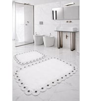 Gülruba Köşeli Beyaz Çeyizlik Dantelli 2'li Banyo Paspası Seti Kaymaz Tabanlı Klozet Takımı