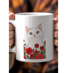 Sevimli Kedi Desenli 330ml Baskılı Beyaz Seramik Kupa Bardak