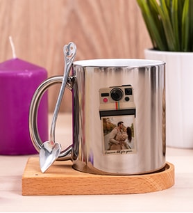 Kişye Özel Polaroid Tasarım Fotoğraflı Ahşap Altlıklı Silver Kupa Bardak