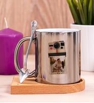 Kişye Özel Polaroid Tasarım Fotoğraflı Ahşap Altlıklı Silver Kupa Bardak