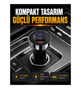 Mey İthalat® 60W Araç İçi Hızlı Şarj Adaptörü Çift USB-C PD ve USB-A QC3.0
